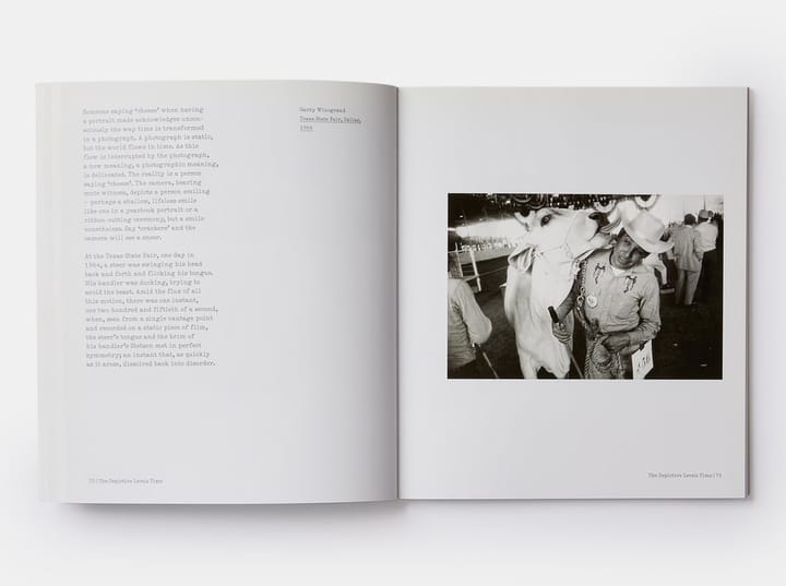 inside pages of a book with text on the left and an image by Gary Winogrand on the right